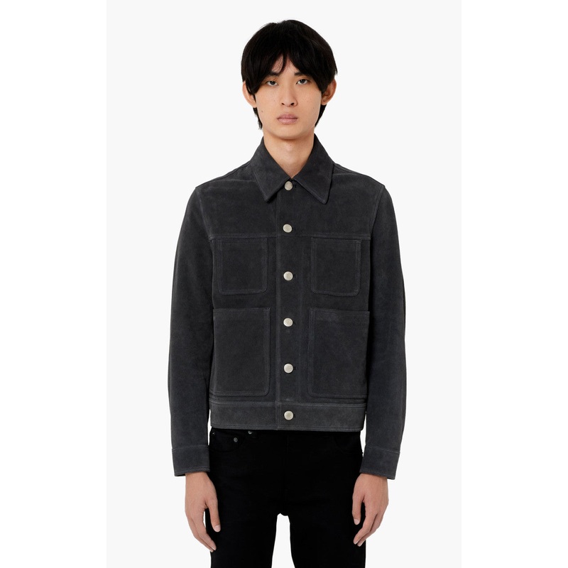 AMI Paris Leather Worker Jacket Stone Grey S