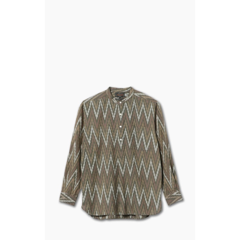 Beams Plus Ikat Band Collar Pullover Shirt Olive M